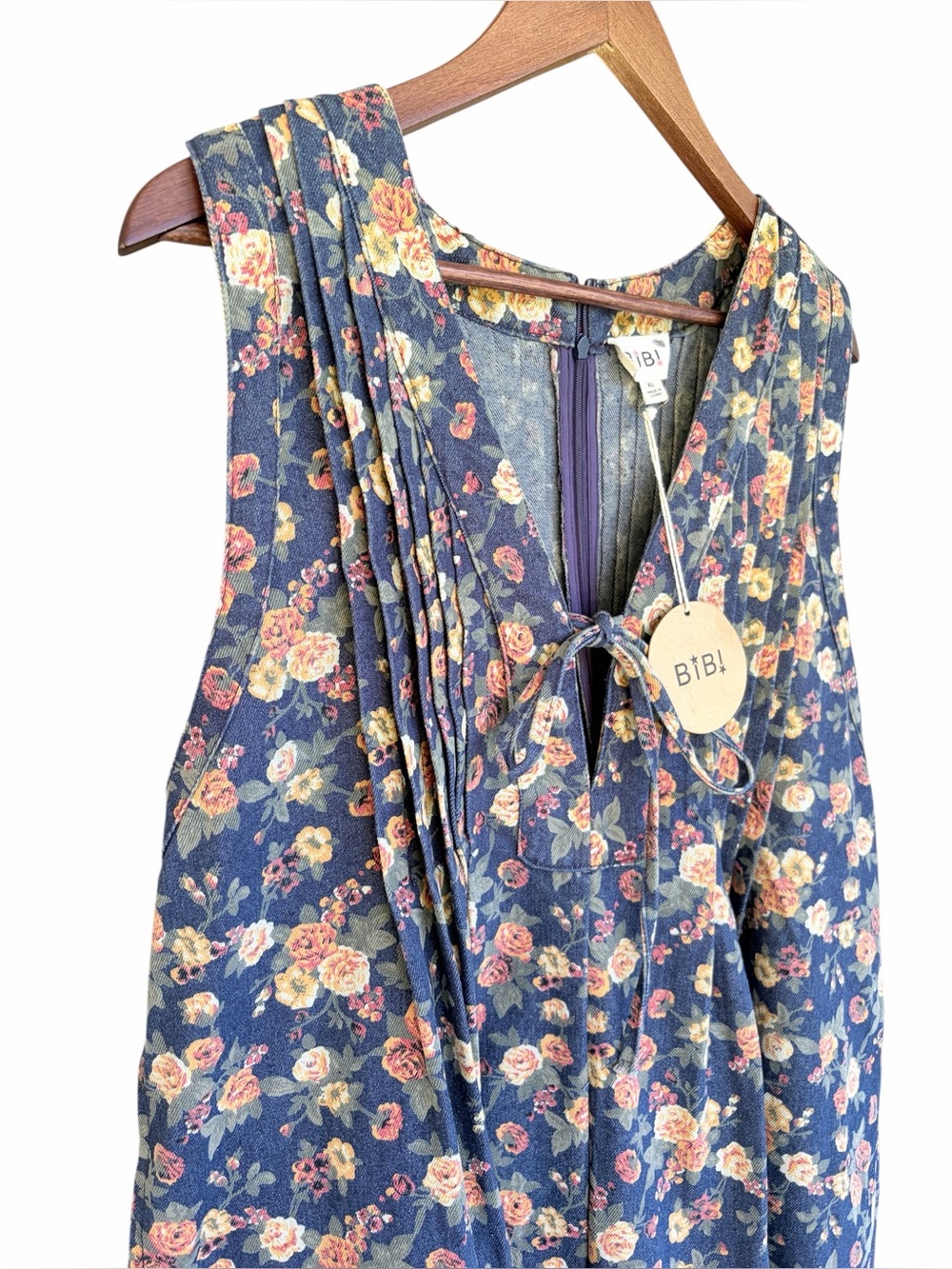 NWT Washed Floral Denim Romper With Front Tie Wide Leg - Picture 5 of 8